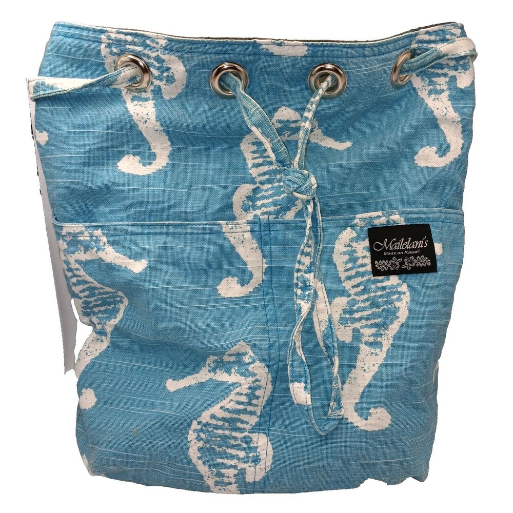Mailelani's Kauai Handcrafted Hawaiian Back Pack Drawstring Bag Seahorse Aqua